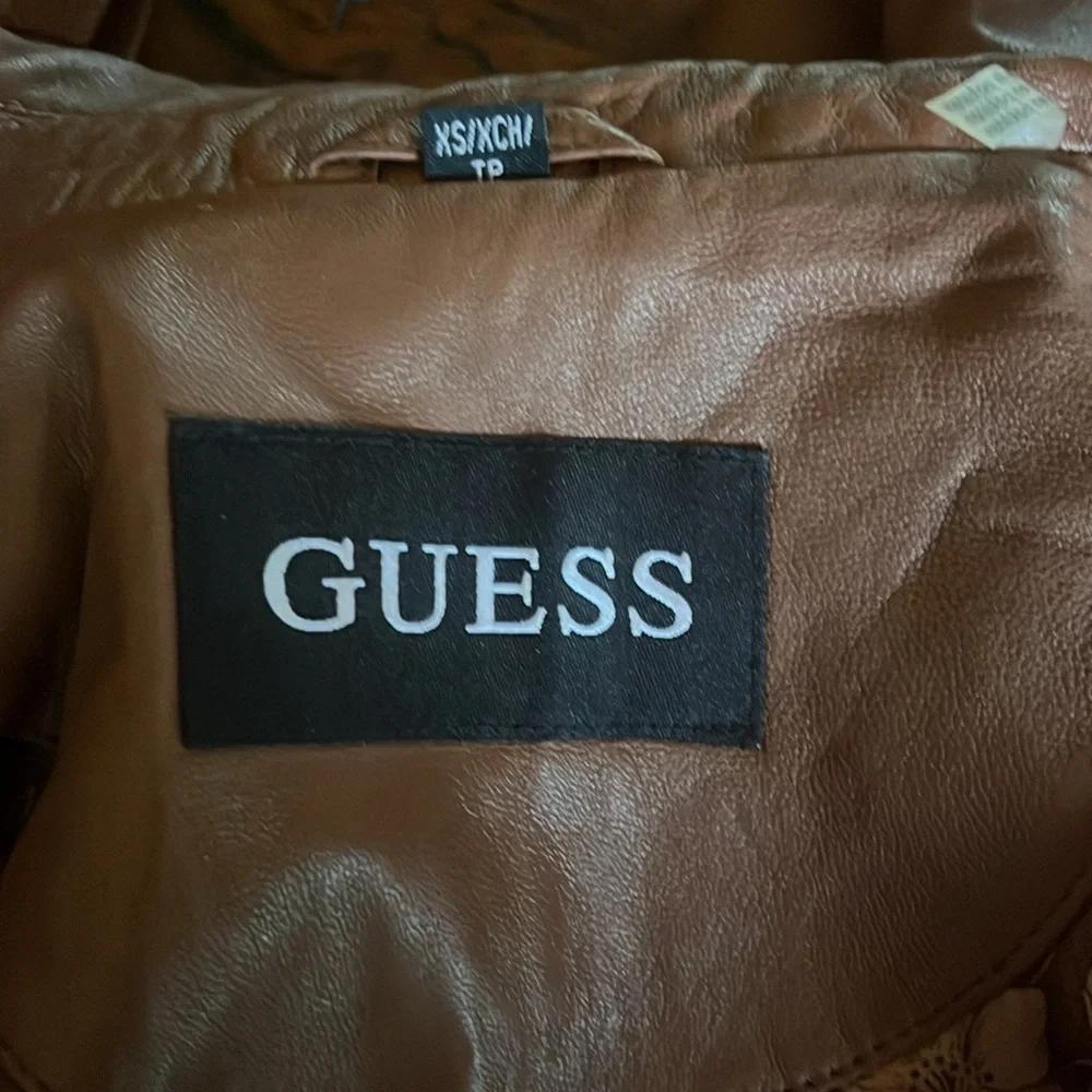 GUESS BROWN LEATHER GOLD TRIM MOTO JACKET GREAT CONDITION SIZE XS